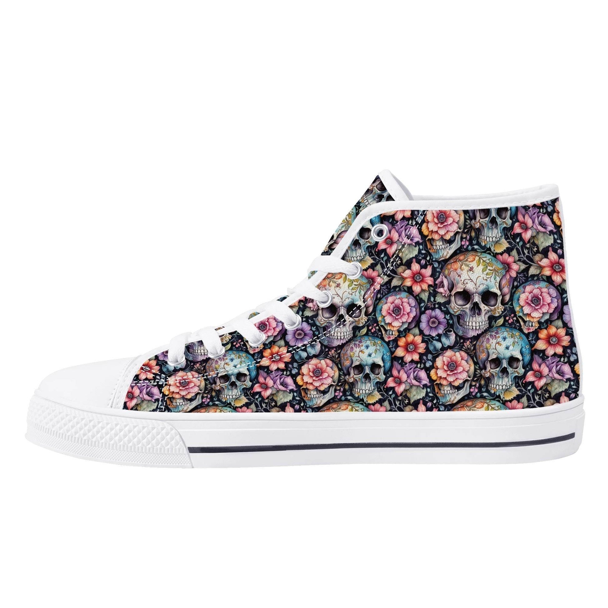 Pastel Floral and Skulls Women's High Top Canvas Shoes - DeRose Seasonal