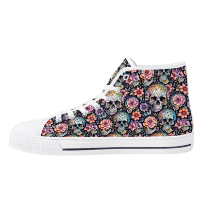 Pastel Floral and Skulls Women's High Top Canvas Shoes - DeRose Seasonal