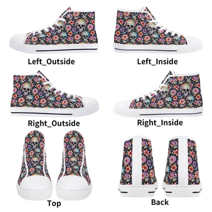 Pastel Floral and Skulls Women's High Top Canvas Shoes - DeRose Seasonal