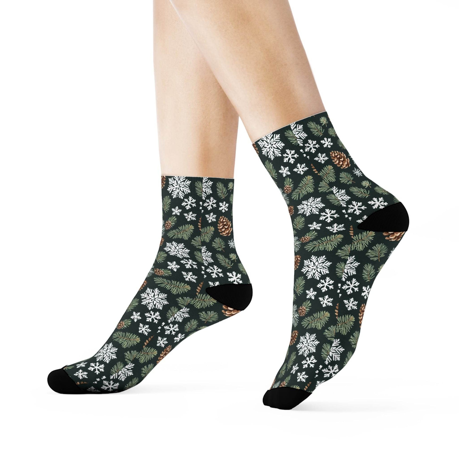 Snowflake Pine Polyester Christmas Crew Socks 3 sizes - DeRose Seasonal