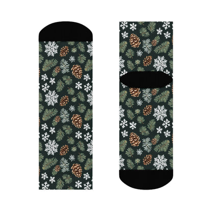 Snowflake Pine Polyester Christmas Crew Socks 3 sizes - DeRose Seasonal