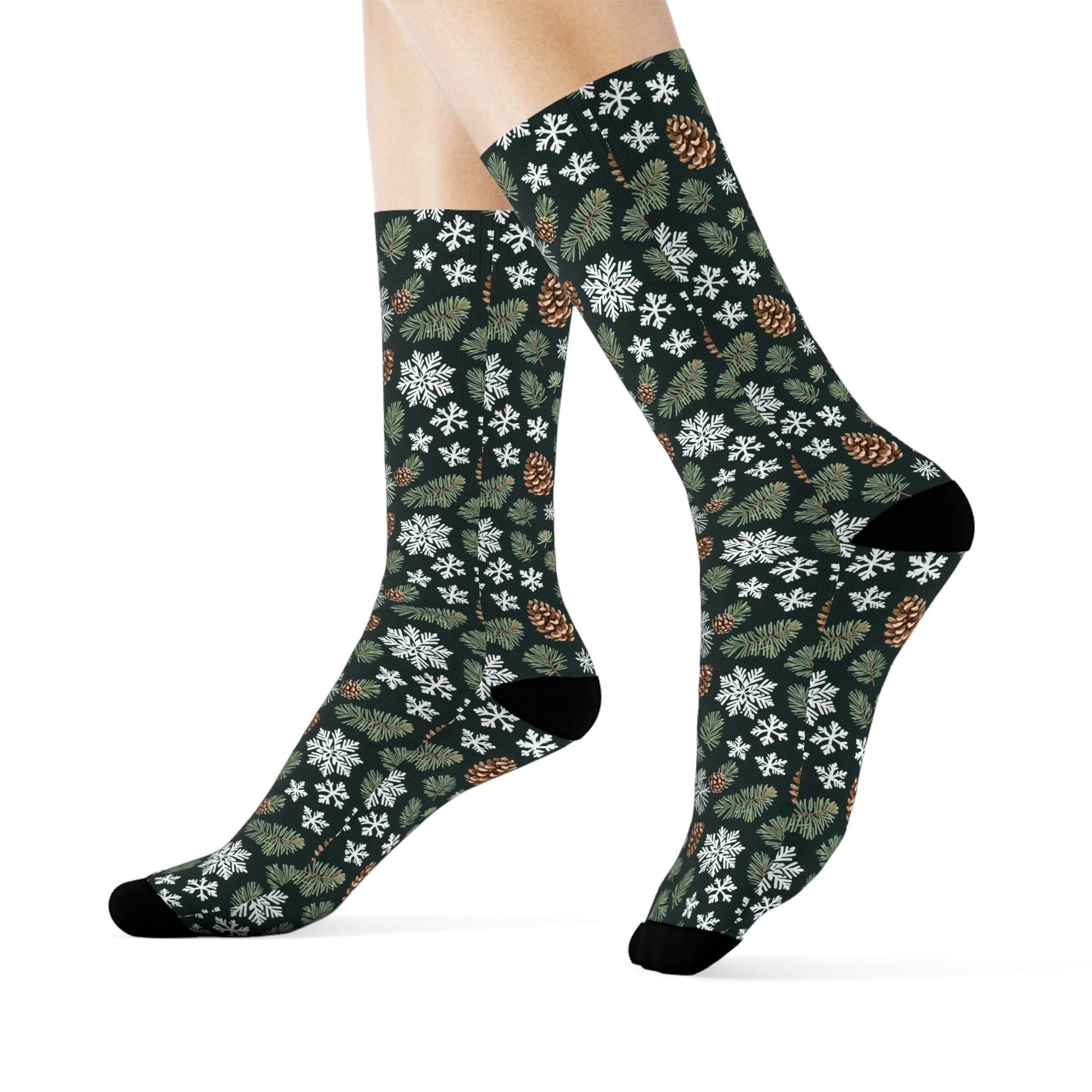 Snowflake Pine Polyester Christmas Crew Socks 3 sizes - DeRose Seasonal
