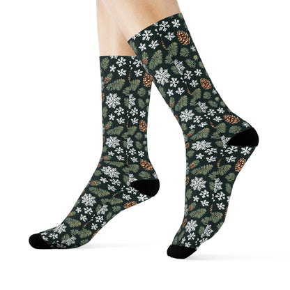 Snowflake Pine Polyester Christmas Crew Socks 3 sizes - DeRose Seasonal