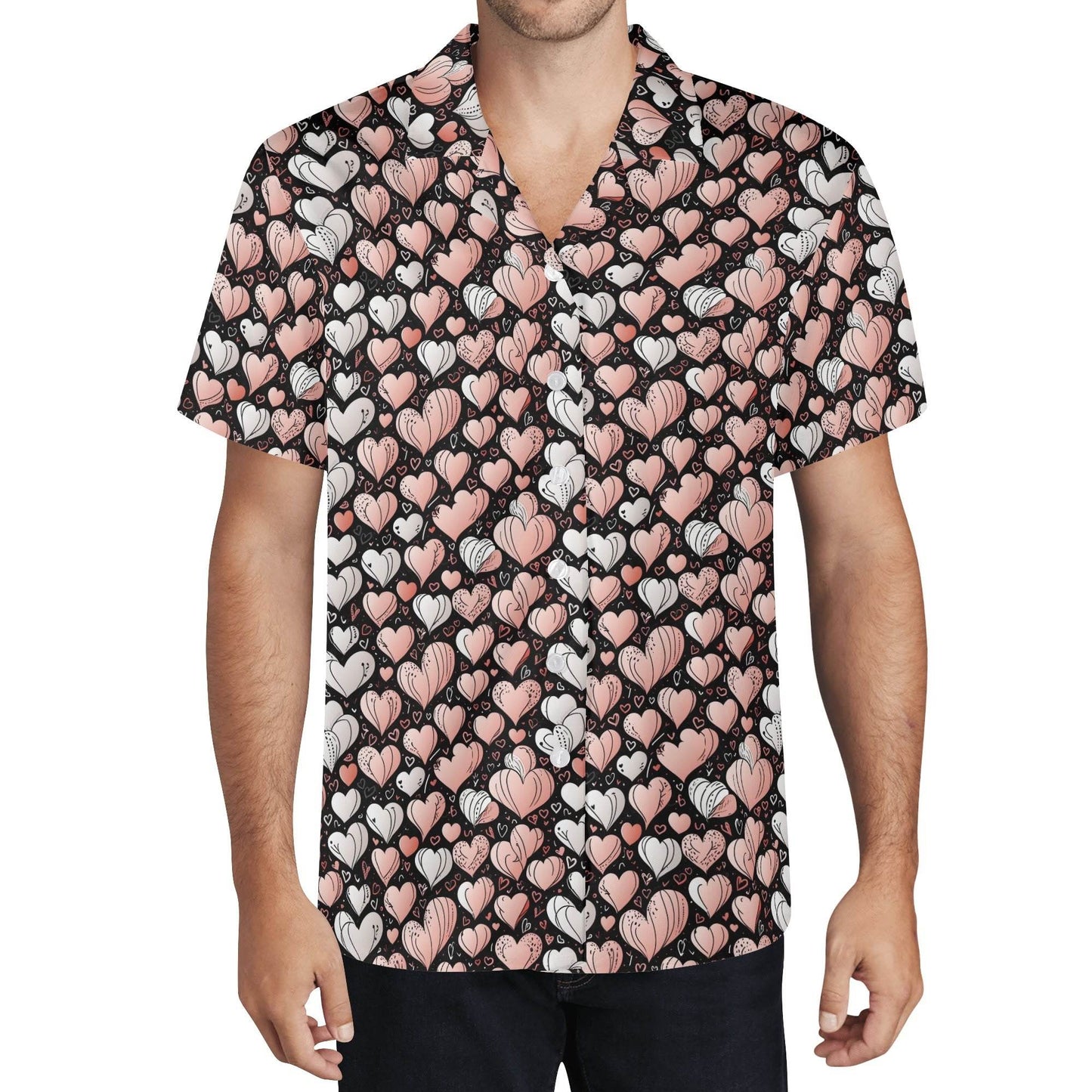 Pink Hearts Men's Casual Hawaiian Shirt - DeRose Seasonal