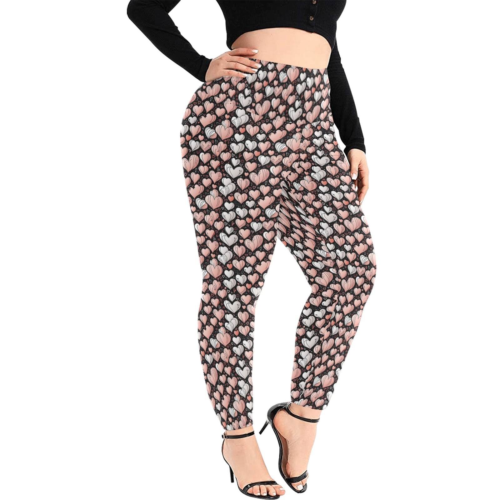 Pink Hearts Women's Plus Size High Waited Leggings Women's High Waist Leggings(Plus Size)(ModelL45) - DeRose Seasonal