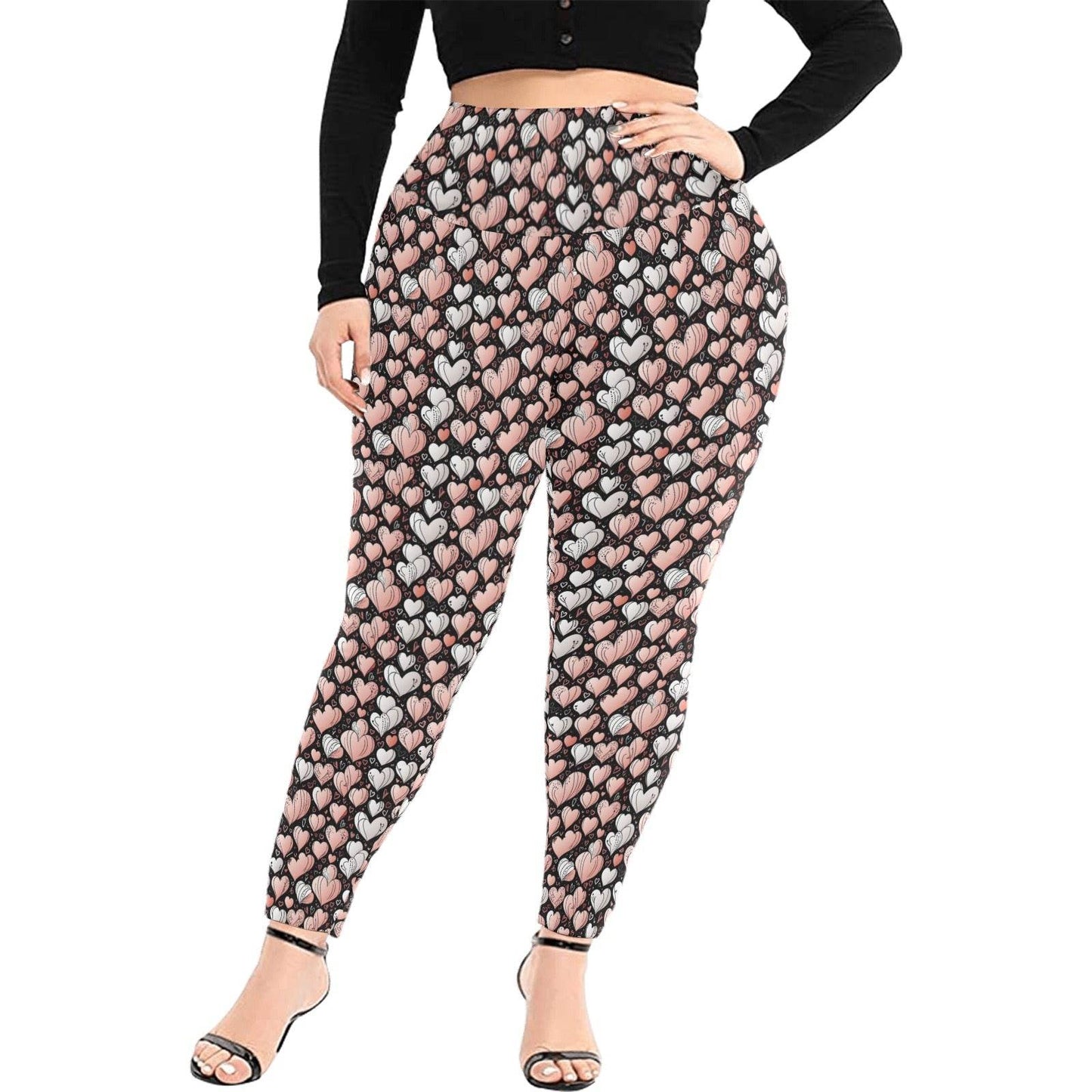 Pink Hearts Women's Plus Size High Waited Leggings Women's High Waist Leggings(Plus Size)(ModelL45) - DeRose Seasonal