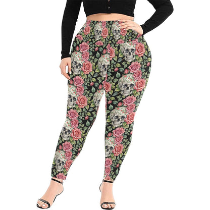 Pink Skulls Women's Plus Size High Waited Leggings Women's High Waist Leggings(Plus Size)(ModelL45) - DeRose Seasonal