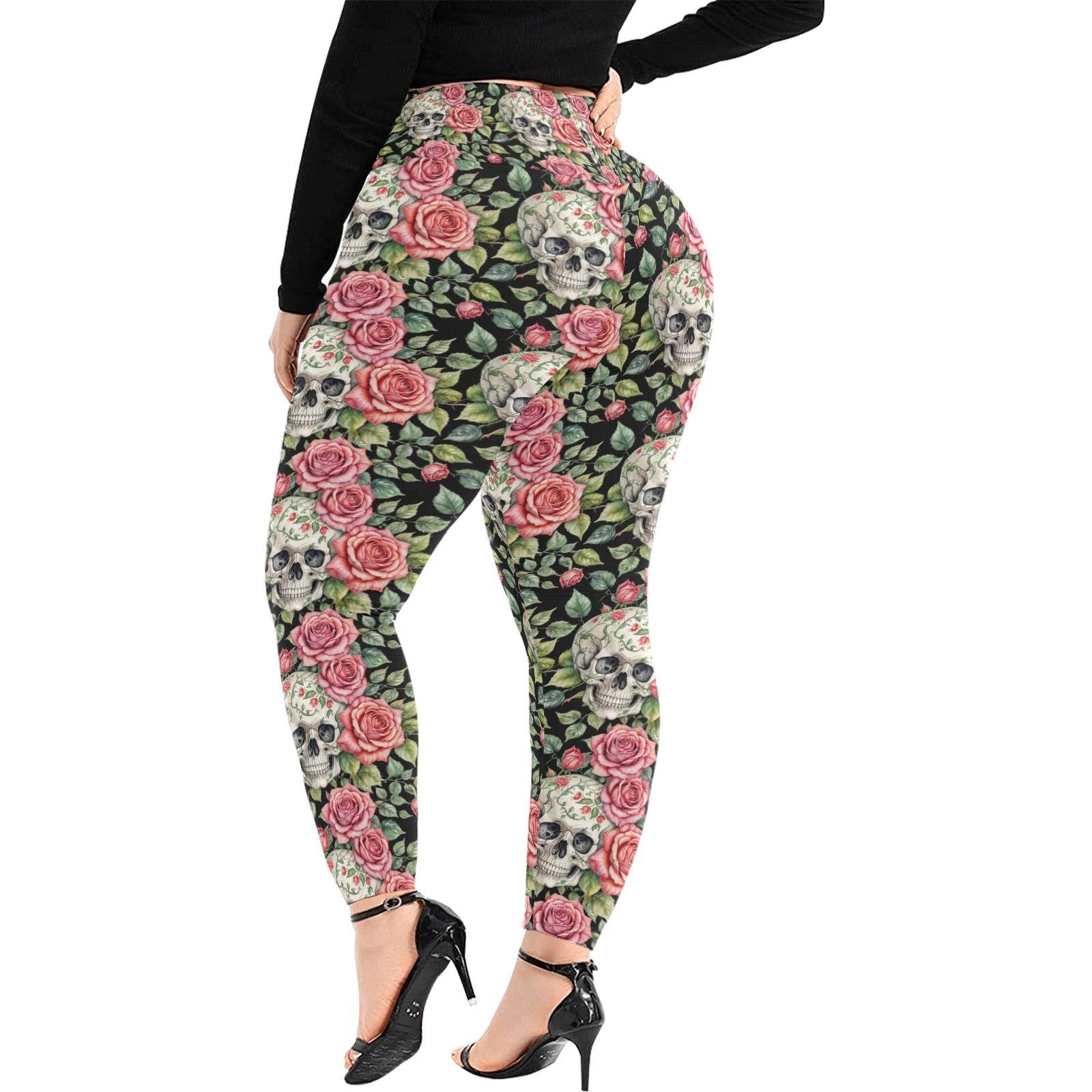 Pink Skulls Women's Plus Size High Waited Leggings Women's High Waist Leggings(Plus Size)(ModelL45) - DeRose Seasonal