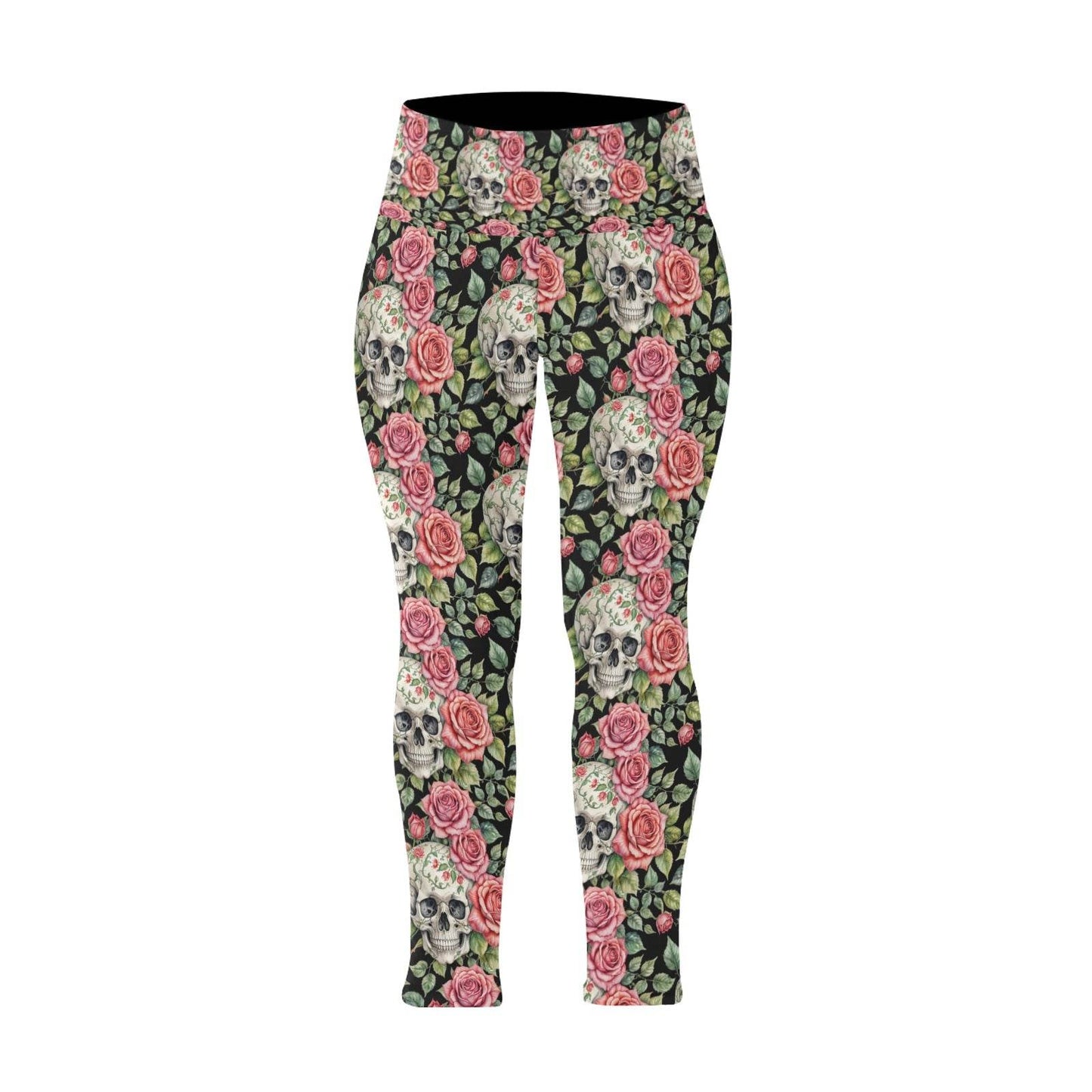 Pink Skulls Women's Plus Size High Waited Leggings Women's High Waist Leggings(Plus Size)(ModelL45) - DeRose Seasonal