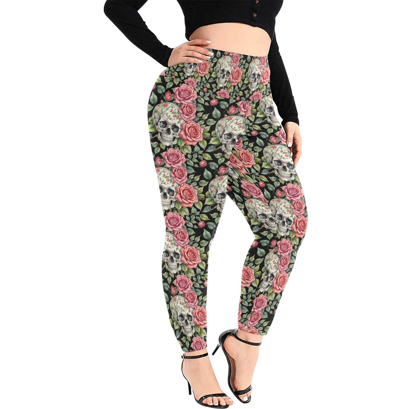 Pink Skulls Women's Plus Size High Waited Leggings Women's High Waist Leggings(Plus Size)(ModelL45) - DeRose Seasonal