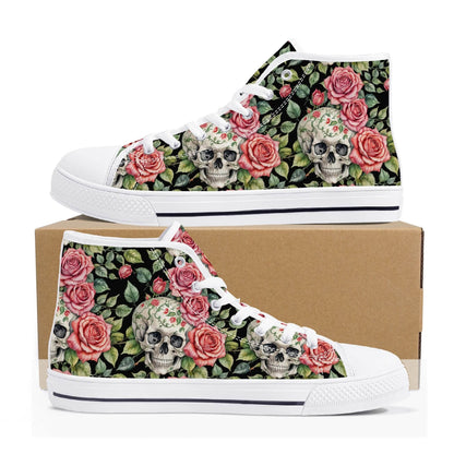 Pink Skulls Women's High Top Canvas Shoes - DeRose Seasonal