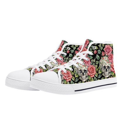 Pink Skulls Women's High Top Canvas Shoes - DeRose Seasonal
