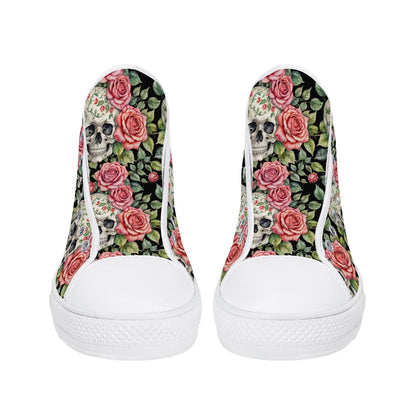 Pink Skulls Women's High Top Canvas Shoes - DeRose Seasonal