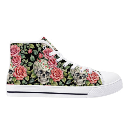 Pink Skulls Women's High Top Canvas Shoes - DeRose Seasonal