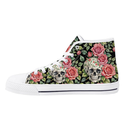Pink Skulls Women's High Top Canvas Shoes - DeRose Seasonal