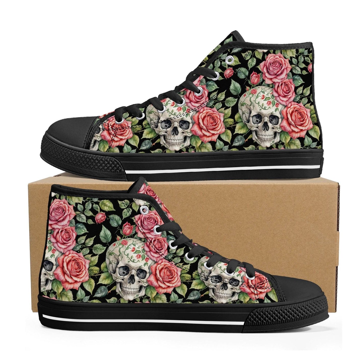 Pink Skulls Women's High Top Canvas Shoes - DeRose Seasonal