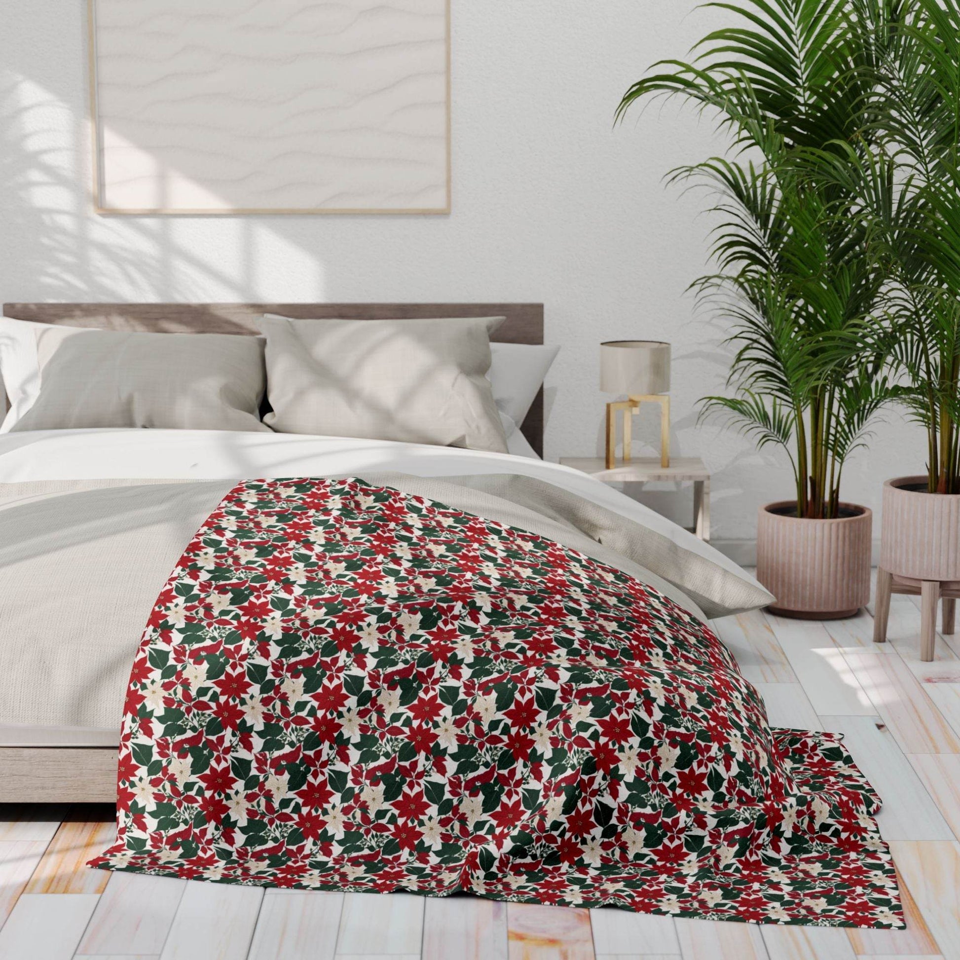 Red and White Poinsettia Arctic Fleece Blanket - 3 sizes - DeRose Seasonal