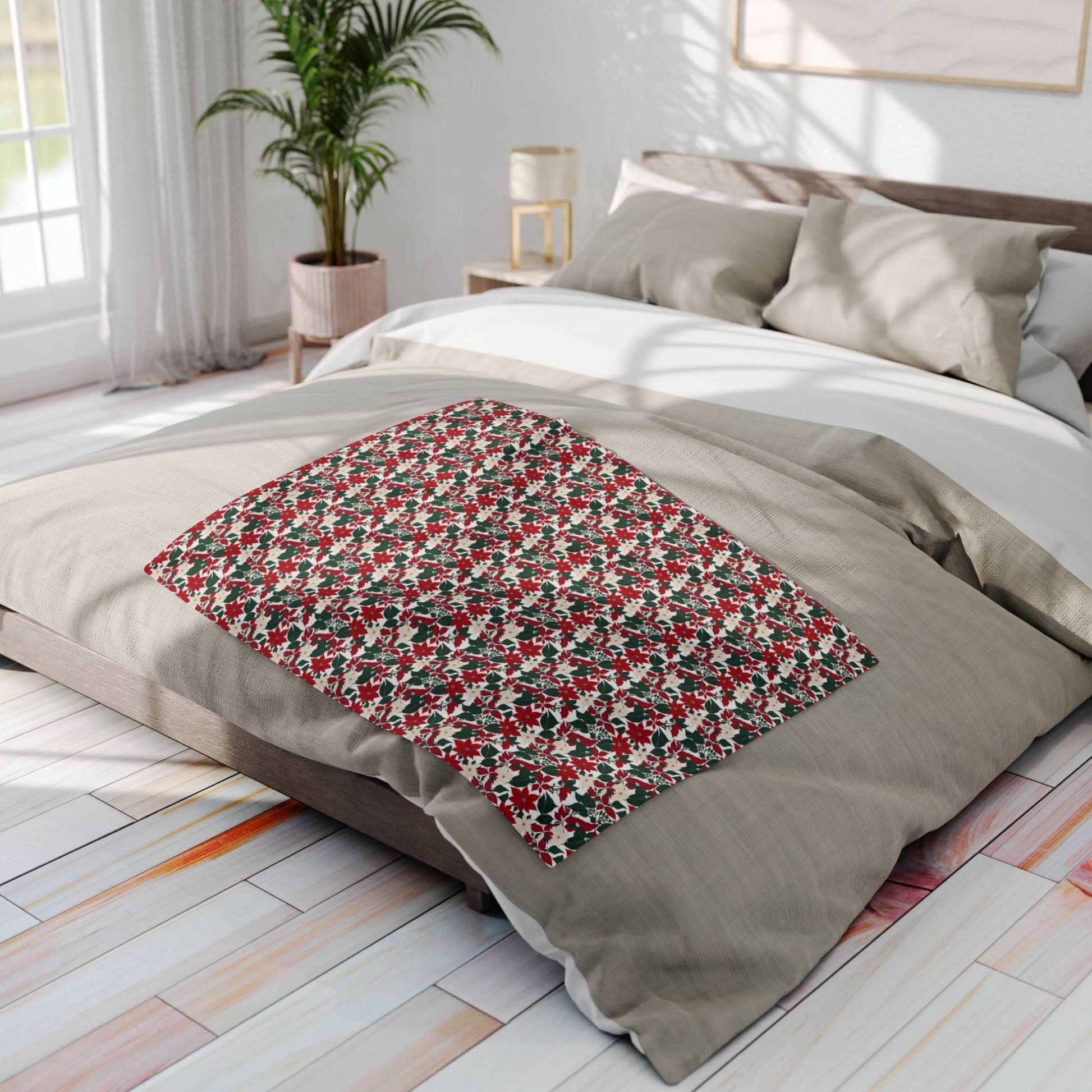 Red and White Poinsettia Arctic Fleece Blanket - 3 sizes - DeRose Seasonal
