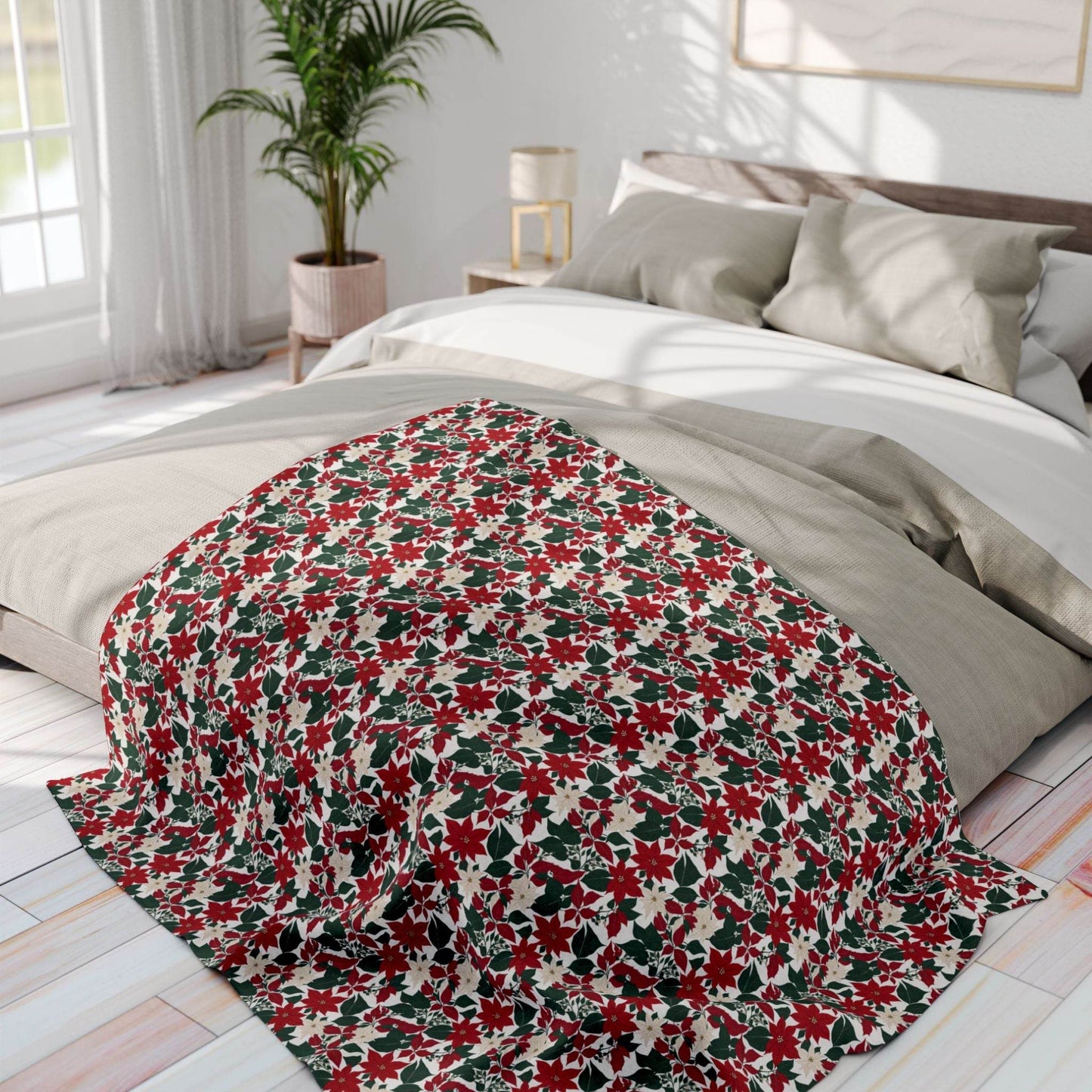 Red and White Poinsettia Arctic Fleece Blanket - 3 sizes - DeRose Seasonal