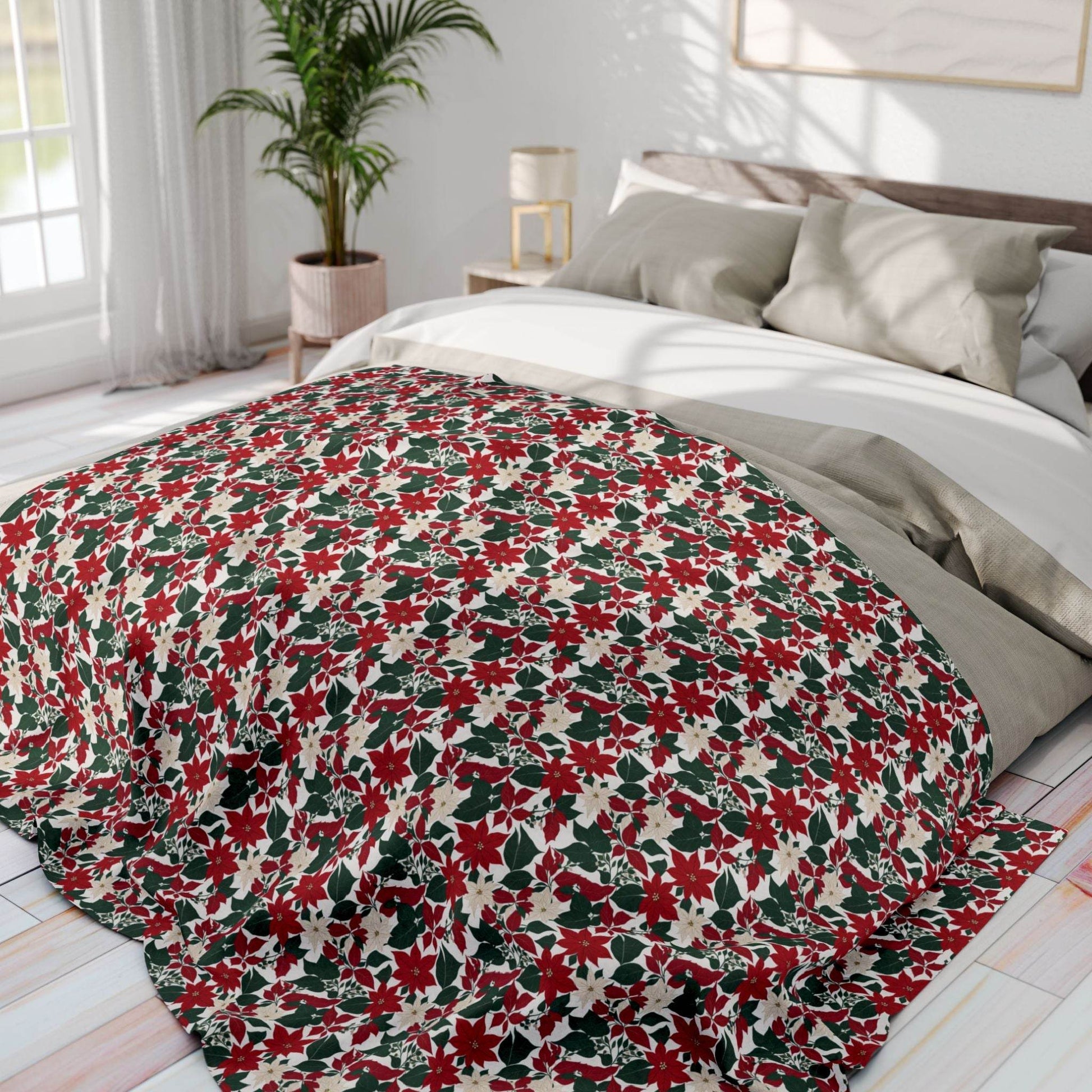 Red and White Poinsettia Arctic Fleece Blanket - 3 sizes - DeRose Seasonal