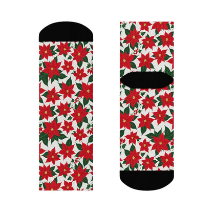 Poinsettia Floral Polyester Christmas Crew Socks 3 sizes - DeRose Seasonal
