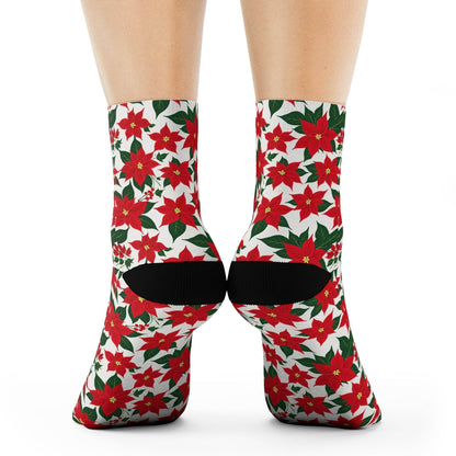 Poinsettia Floral Polyester Christmas Crew Socks 3 sizes - DeRose Seasonal