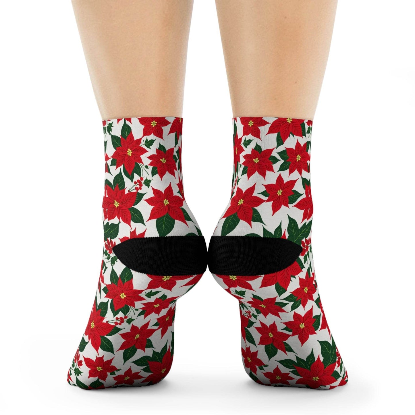 Poinsettia Floral Polyester Christmas Crew Socks 3 sizes - DeRose Seasonal