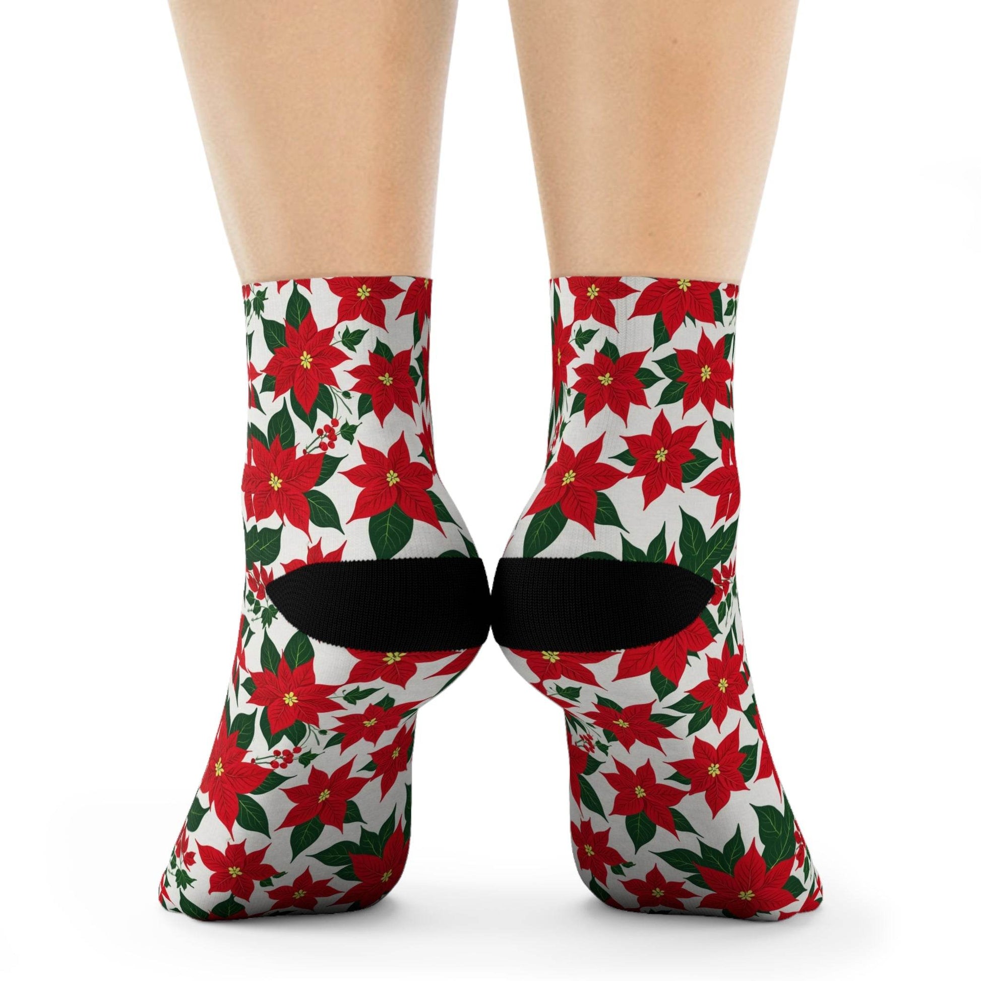 Poinsettia Floral Polyester Christmas Crew Socks 3 sizes - DeRose Seasonal