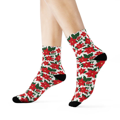 Poinsettia Floral Polyester Christmas Crew Socks 3 sizes - DeRose Seasonal