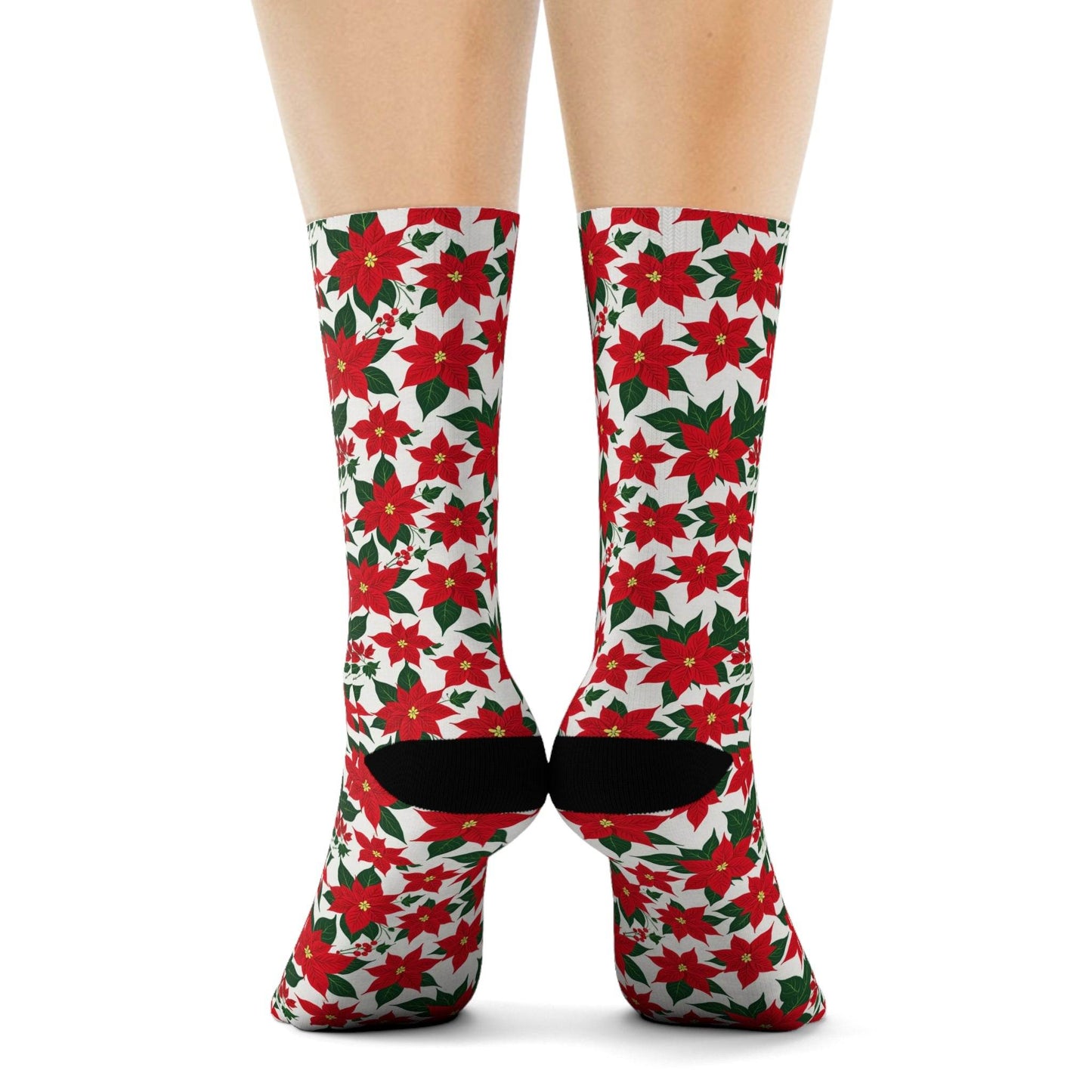 Poinsettia Floral Polyester Christmas Crew Socks 3 sizes - DeRose Seasonal