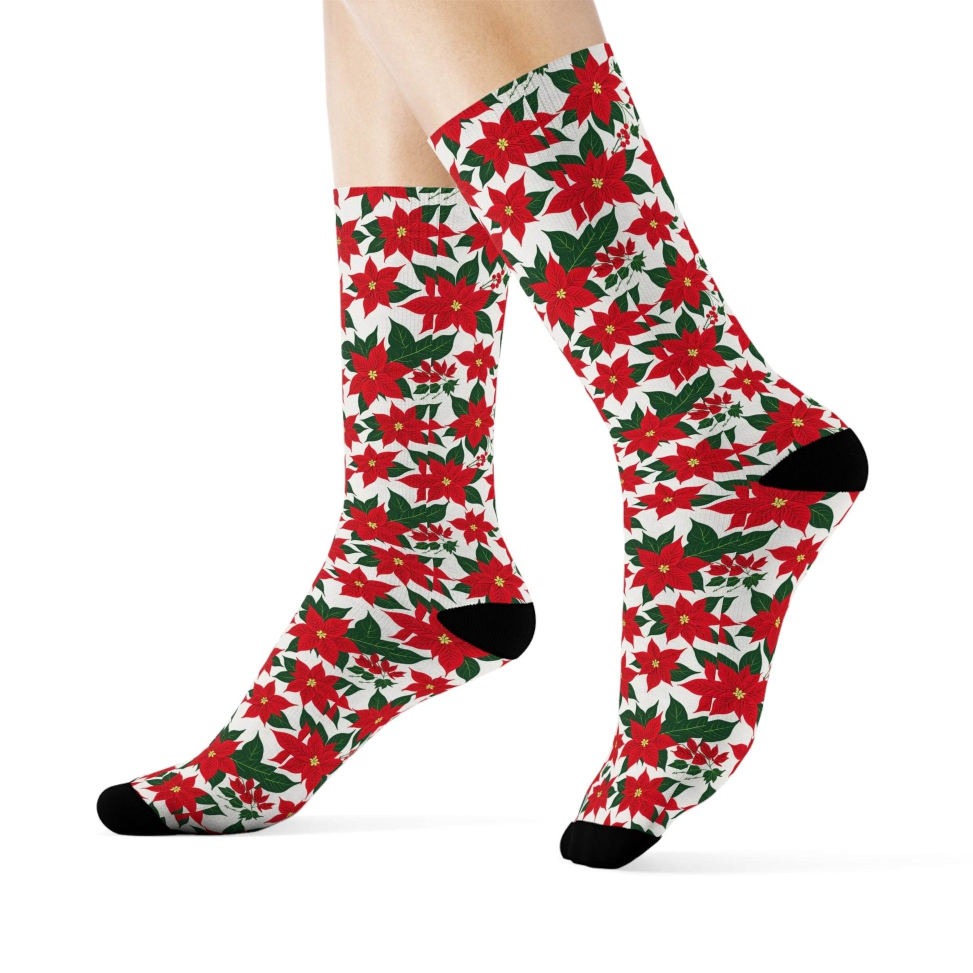 Poinsettia Floral Polyester Christmas Crew Socks 3 sizes - DeRose Seasonal