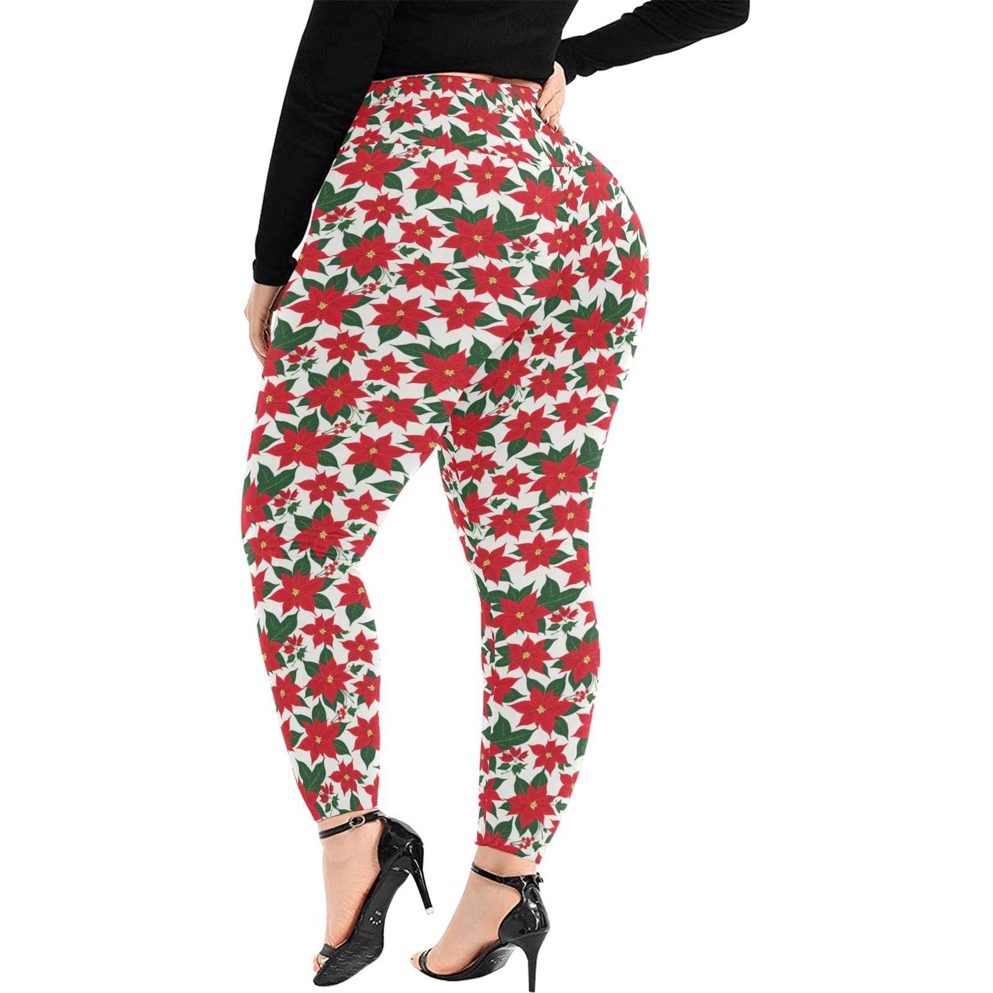 Poinsettia Flora Women's Plus Size High Waited Leggings Women's High Waist Leggings(Plus Size)(ModelL45) - DeRose Seasonal