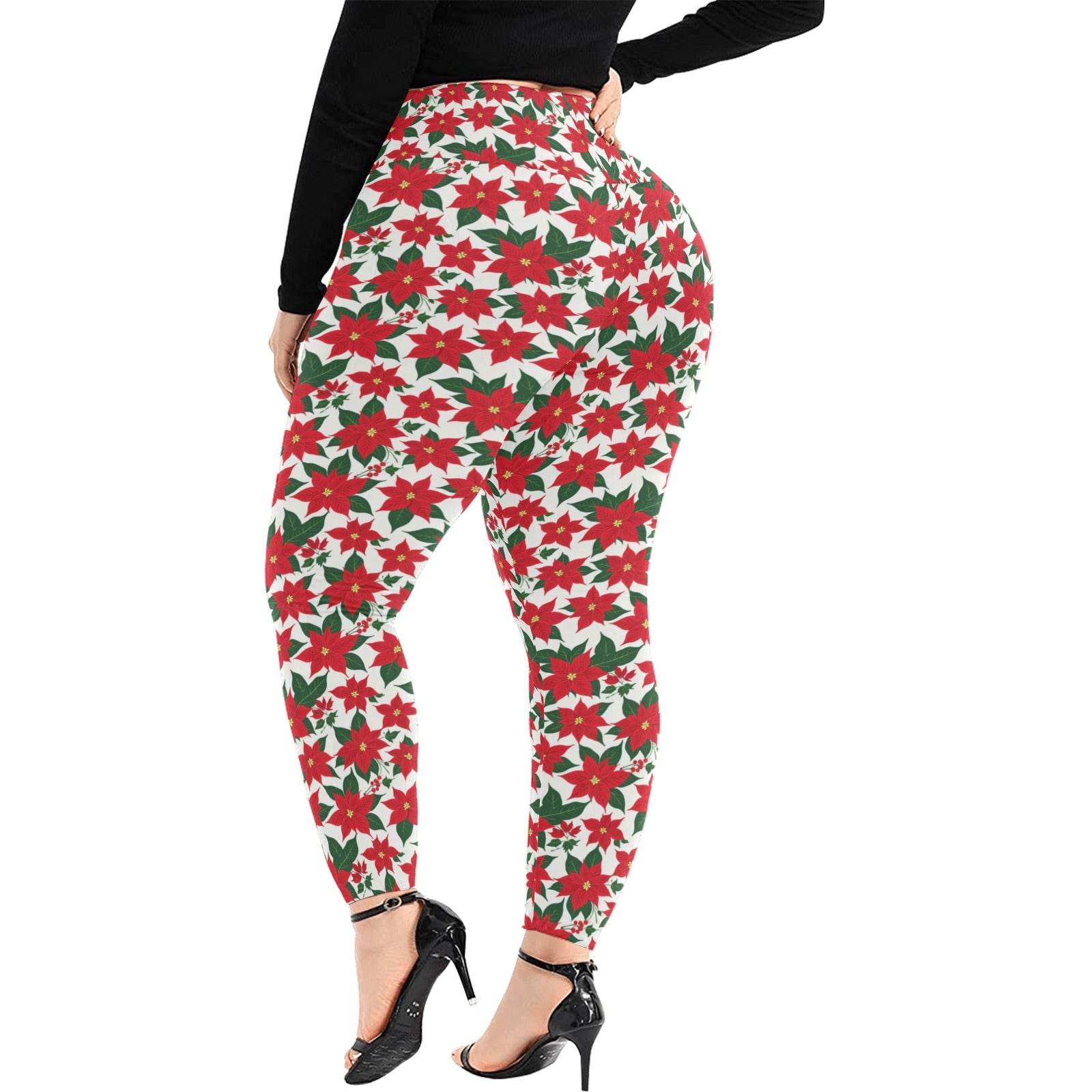 Poinsettia Flora Women's Plus Size High Waited Leggings Women's High Waist Leggings(Plus Size)(ModelL45) - DeRose Seasonal