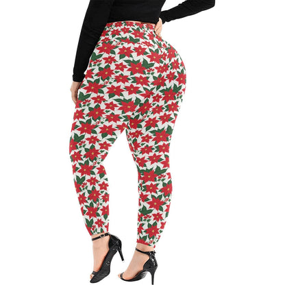 Poinsettia Flora Women's Plus Size High Waited Leggings Women's High Waist Leggings(Plus Size)(ModelL45) - DeRose Seasonal