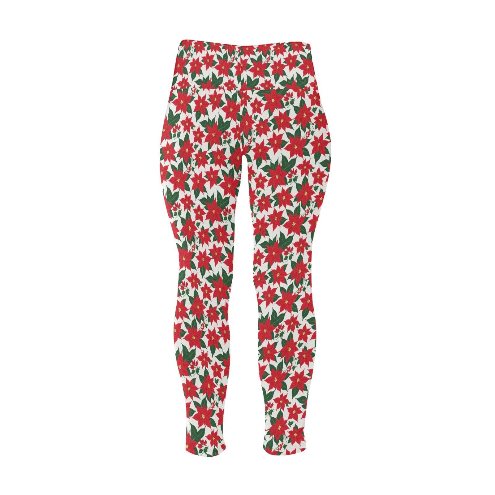 Poinsettia Flora Women's Plus Size High Waited Leggings Women's High Waist Leggings(Plus Size)(ModelL45) - DeRose Seasonal