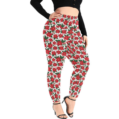 Poinsettia Flora Women's Plus Size High Waited Leggings Women's High Waist Leggings(Plus Size)(ModelL45) - DeRose Seasonal