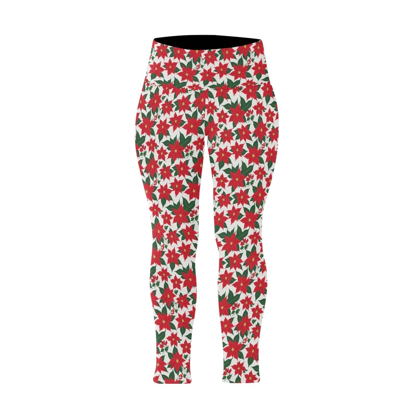 Poinsettia Flora Women's Plus Size High Waited Leggings Women's High Waist Leggings(Plus Size)(ModelL45) - DeRose Seasonal