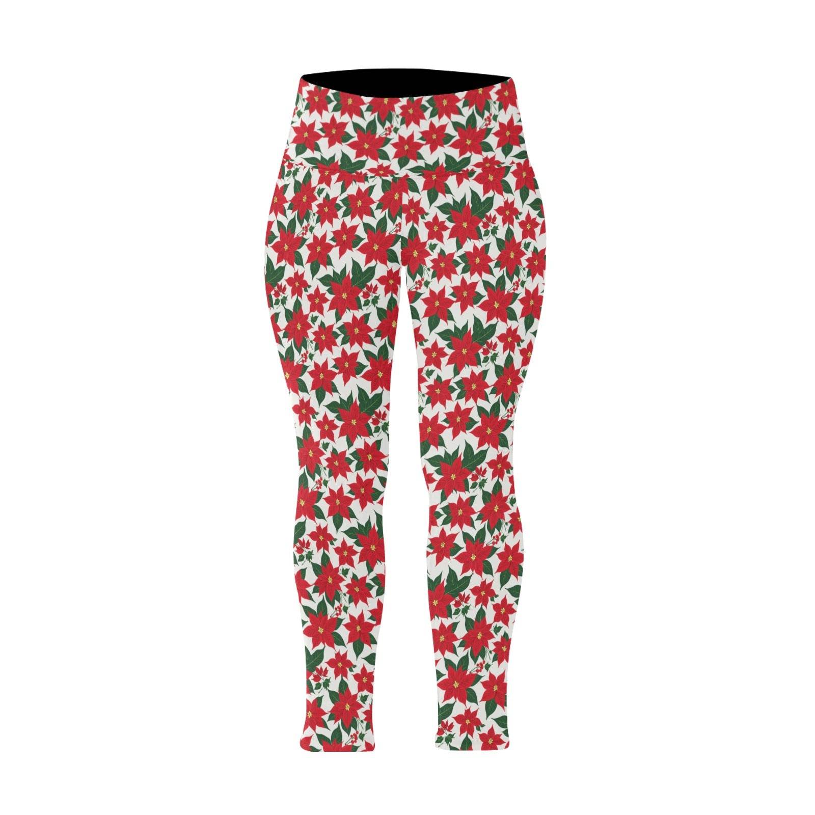 Poinsettia Flora Women's Plus Size High Waited Leggings Women's High Waist Leggings(Plus Size)(ModelL45) - DeRose Seasonal
