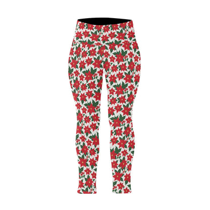 Poinsettia Flora Women's Plus Size High Waited Leggings Women's High Waist Leggings(Plus Size)(ModelL45) - DeRose Seasonal