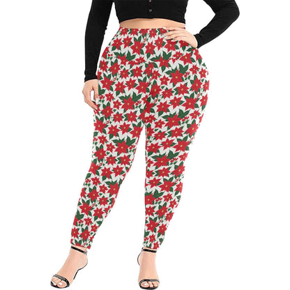 Poinsettia Flora Women's Plus Size High Waited Leggings Women's High Waist Leggings(Plus Size)(ModelL45) - DeRose Seasonal