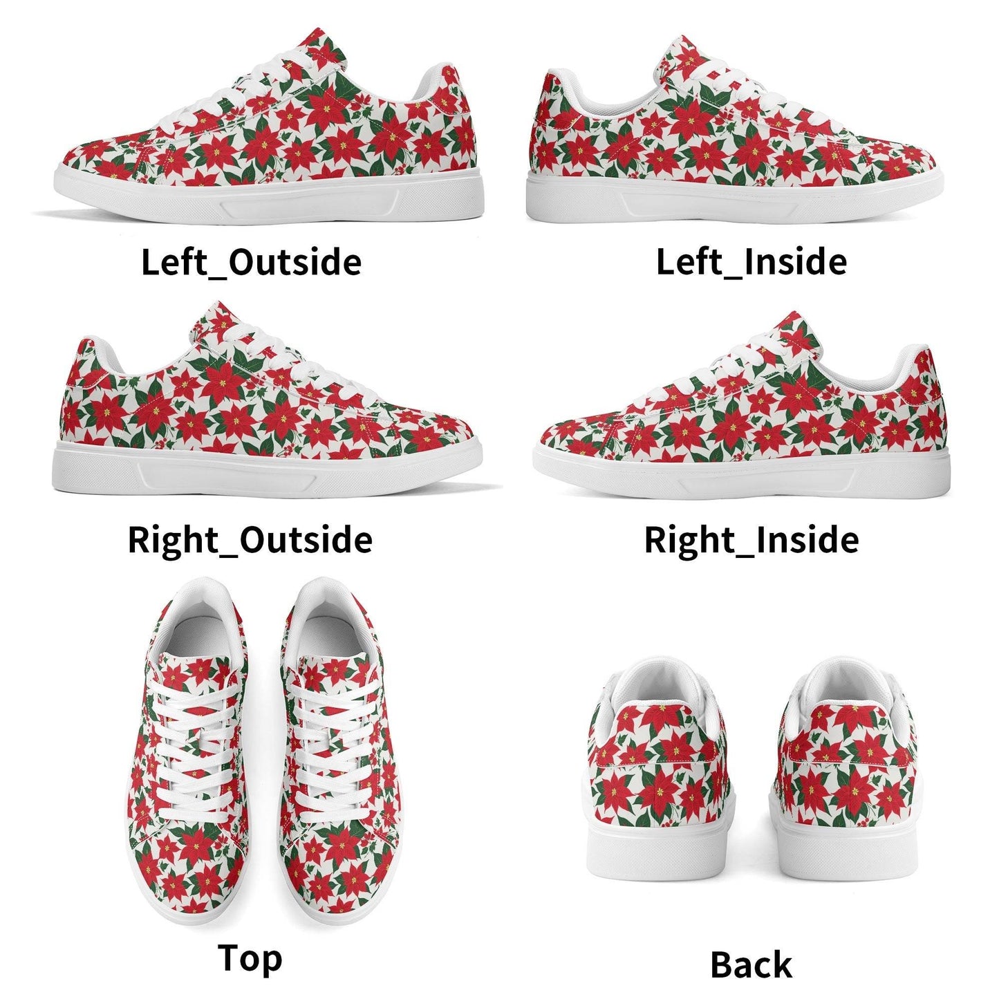 Poinsettia Floral Adult Lightweight Brand Low Top Leather Shoes - DeRose Seasonal