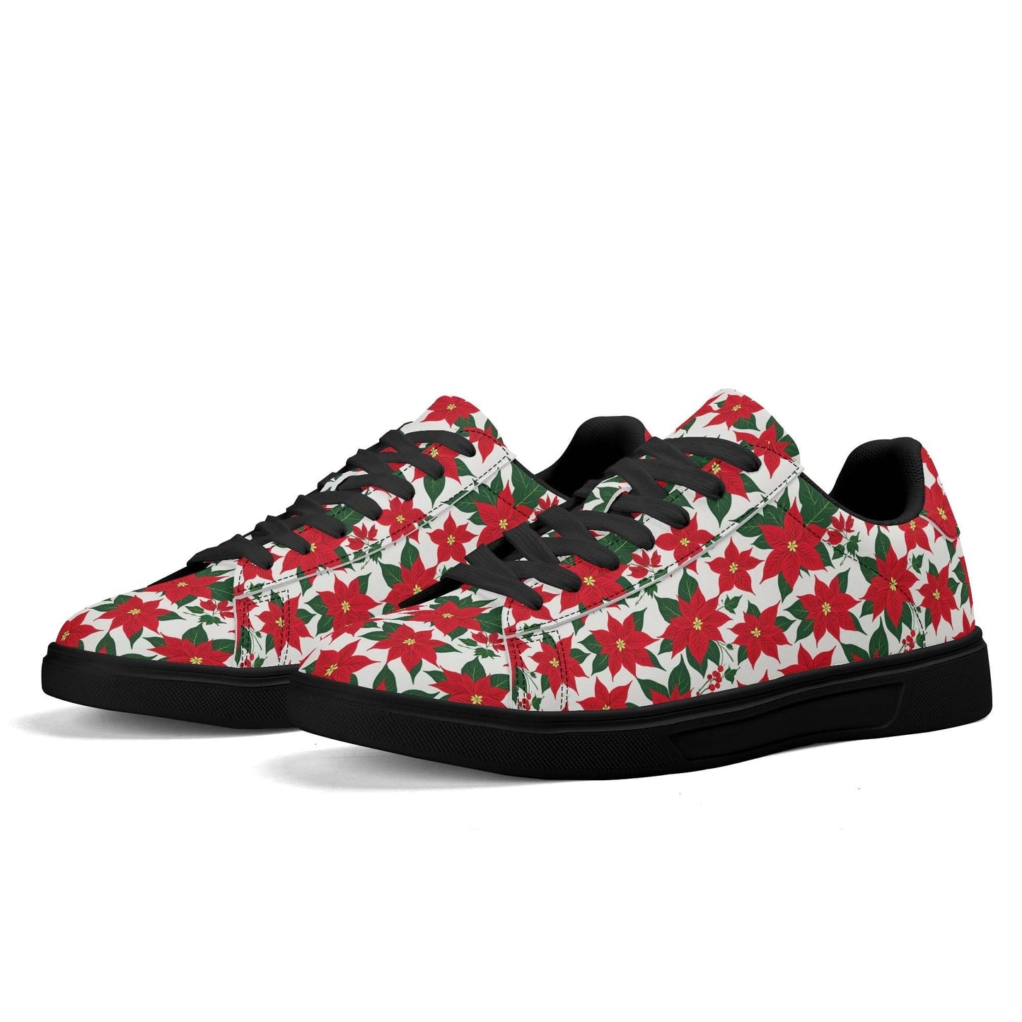 Poinsettia Floral Adult Lightweight Brand Low Top Leather Shoes - DeRose Seasonal