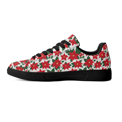 Poinsettia Floral Adult Lightweight Brand Low Top Leather Shoes - DeRose Seasonal