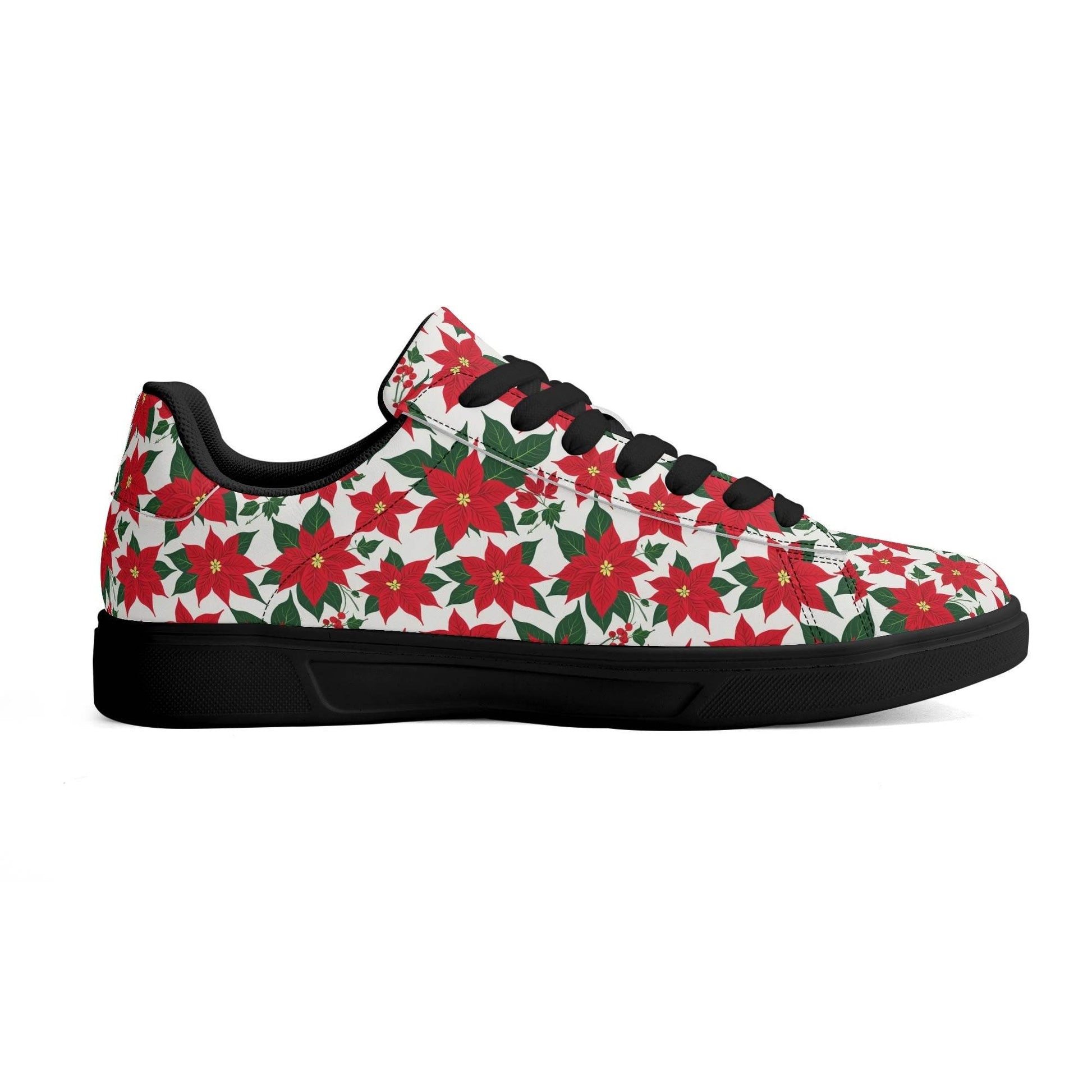 Poinsettia Floral Adult Lightweight Brand Low Top Leather Shoes - DeRose Seasonal