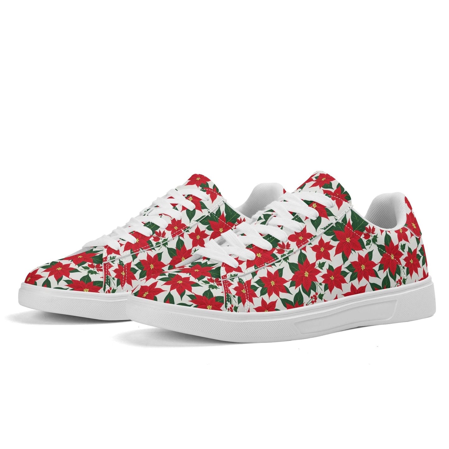 Poinsettia Floral Adult Lightweight Brand Low Top Leather Shoes - DeRose Seasonal