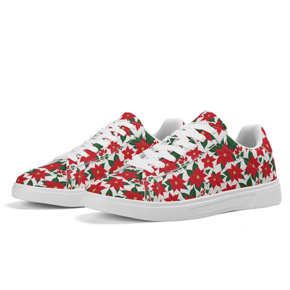 Poinsettia Floral Adult Lightweight Brand Low Top Leather Shoes - DeRose Seasonal