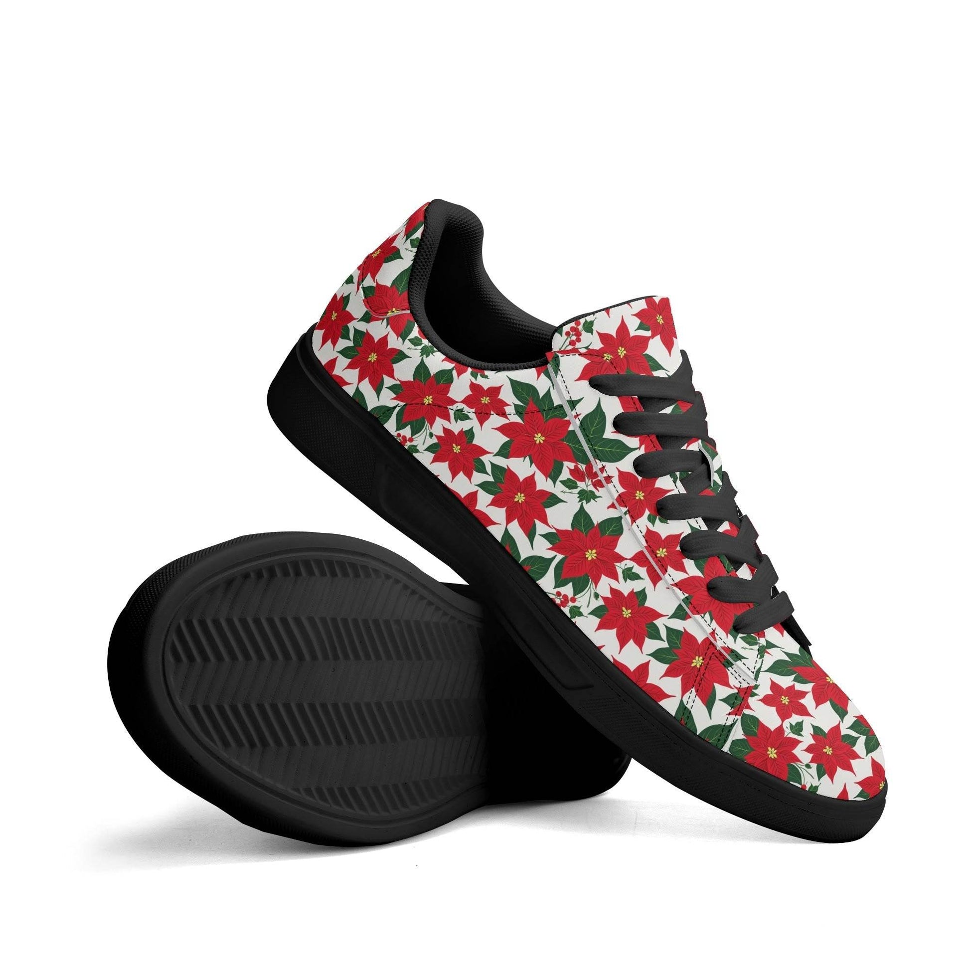 Poinsettia Floral Adult Lightweight Brand Low Top Leather Shoes - DeRose Seasonal