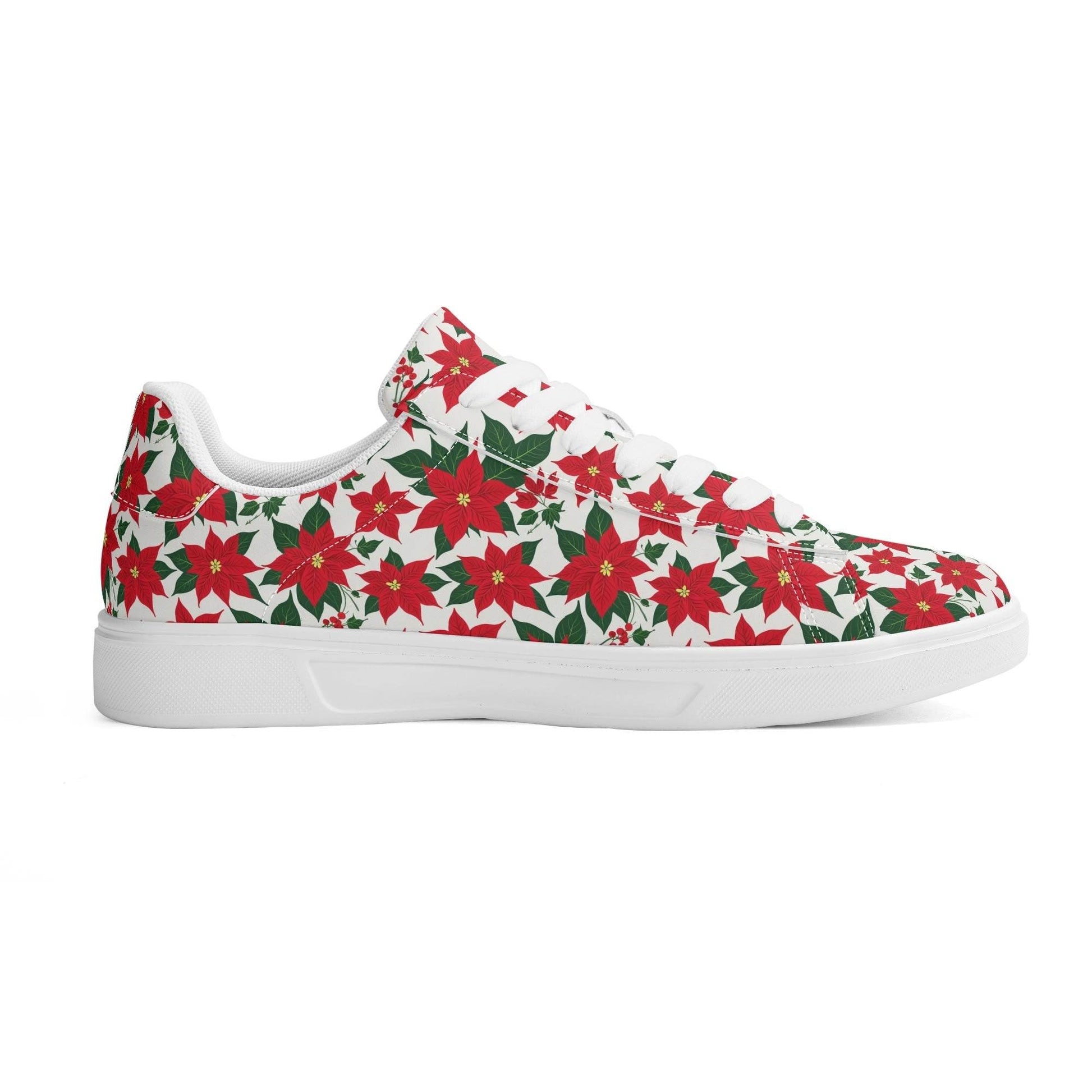 Poinsettia Floral Adult Lightweight Brand Low Top Leather Shoes - DeRose Seasonal