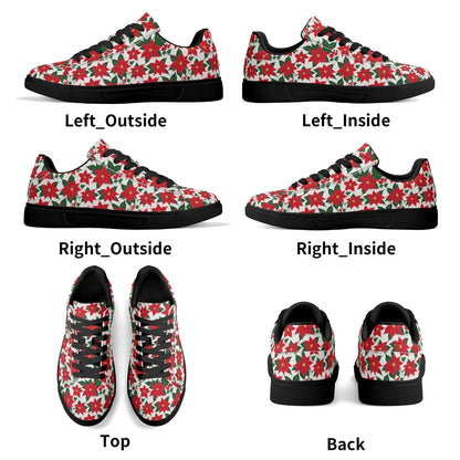 Poinsettia Floral Adult Lightweight Brand Low Top Leather Shoes - DeRose Seasonal
