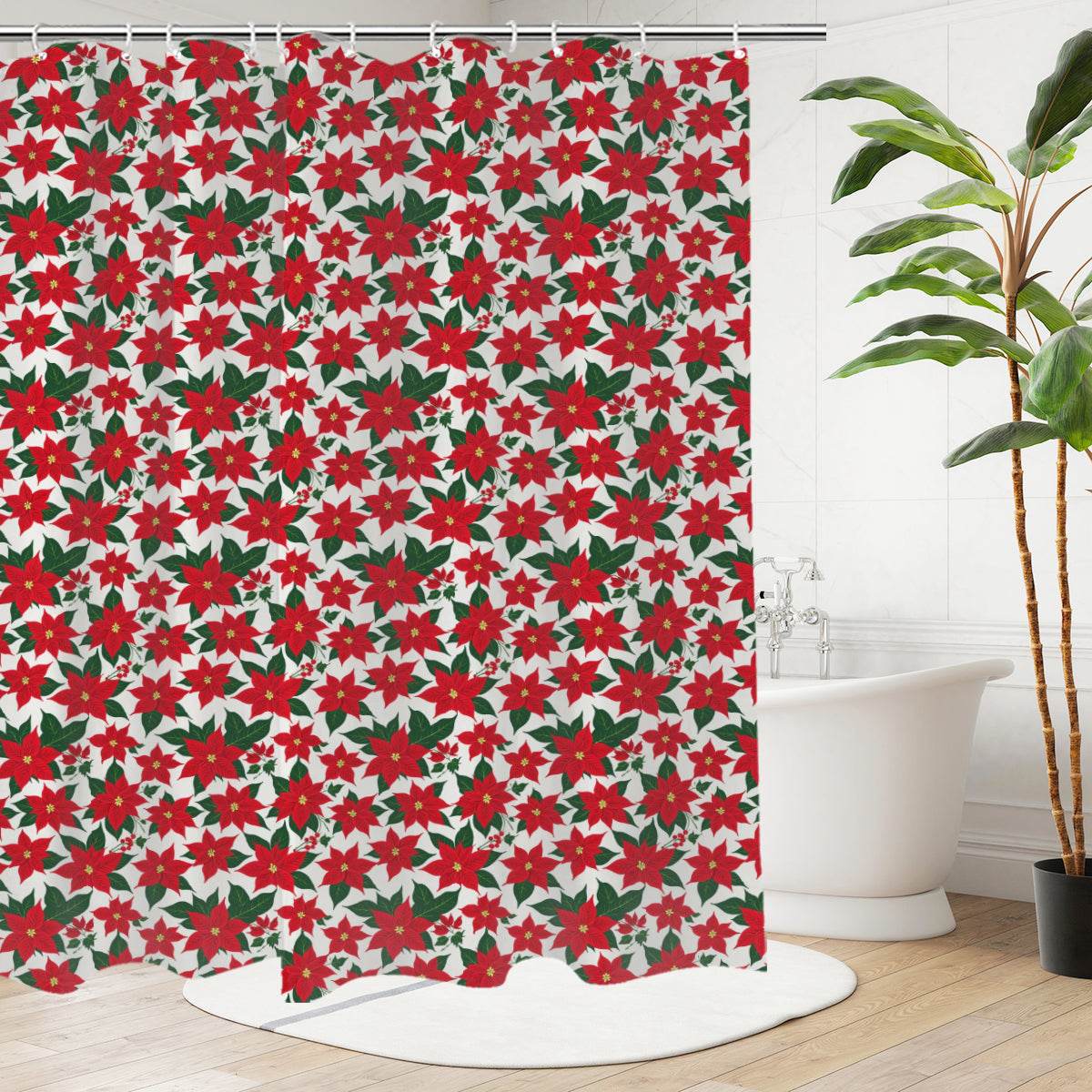 Poinsettia Floral Bathroom Four-Piece Set(Shower Curtain + Toilet Cover Mat + Toilet Foot Mat + Floor Mat)| Polyester - DeRose Seasonal